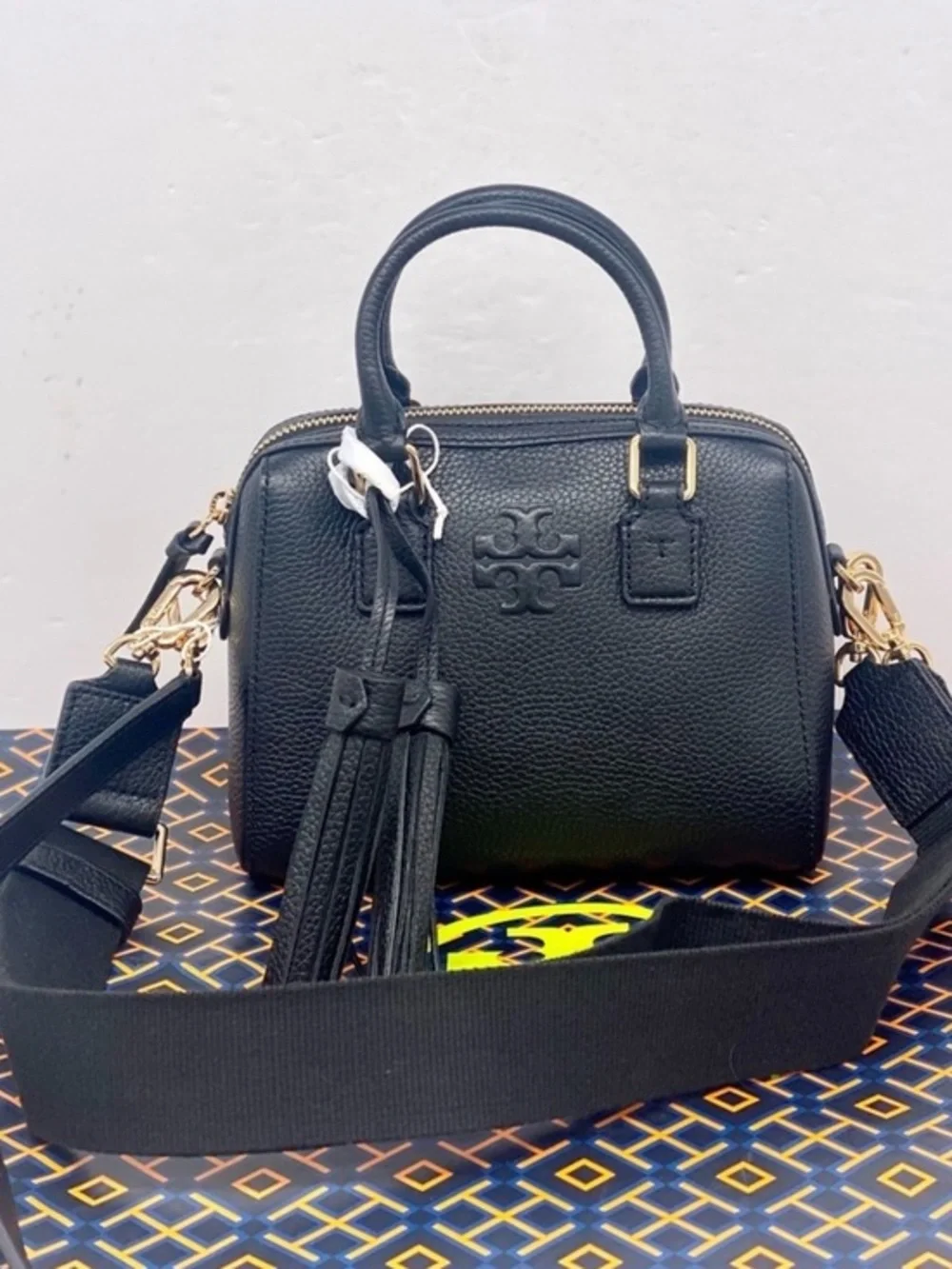 Tory Burch Thea Mini Web Satchel Crossbody Shoulder Bag with Tassel Black